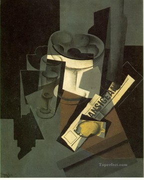 fruit dish glass and lemon still life with nerwspape Juan Gris Oil Paintings